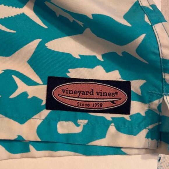 Vineyard Vines Preppy Swim Trunks Blue Lined Board Shorts with Sharks, Medium - Picture 5 of 6